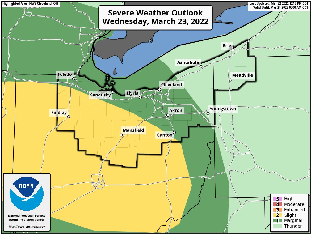 A slight risk of severe thunderstorms for Wednesday afternoon across portions of northwest and north central Ohio. A marginal risk of severe thunderstorms for adjacent counties to the north and east. Large hail and strong wind gusts will be the primary hazards. #clewx #ohwx #pawx