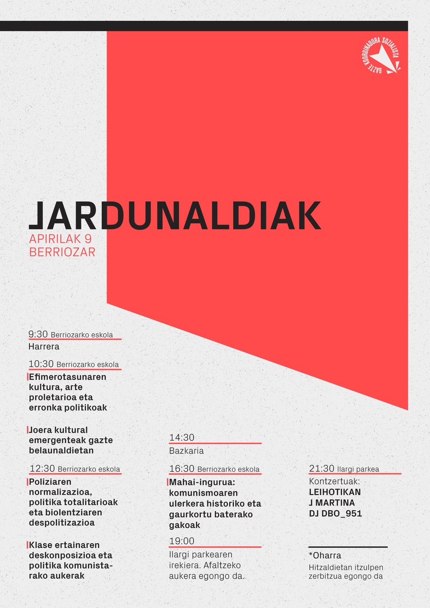 GKSozialista's tweet image. Apirilaren 9an #Jardunaldiak ospatuko ditugu Berriozarren!

👉Hemen da prestatu dugun egun osoko egitaraua! Animatu eta hurbildu zaitez!