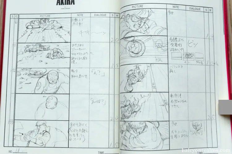 Otomo's original storyboard drawings for the iconic Kaneda bike drift shot that has sparked numerous tributes in dozens of other animation films - 