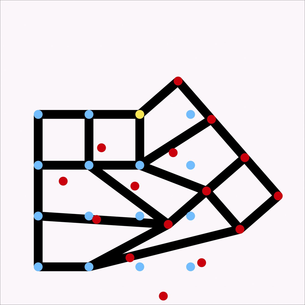 Walking Cubes Generative System Explained (1/3):
🔵=Original Grid Points
🔴=Rotated Grid Points
🟡=Rotational Pivot Point
🔲=Walking Cube