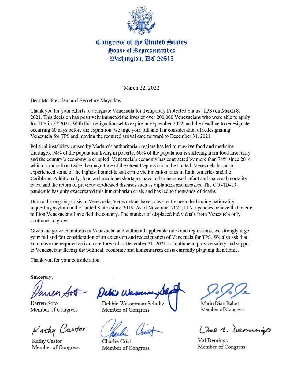 RepDarrenSoto's tweet photo. Our work with President Biden to designate #VenezuelaTPS allowed 200k Venezuelans to apply in FY2021.

Today, I led a bipartisan Florida Delegation letter asking @POTUS and @SecMayorkas to consider extending Venezuela TPS and adding Venezuelans who arrived by December 31, 2021. https://t.co/wpbz0r7Phd