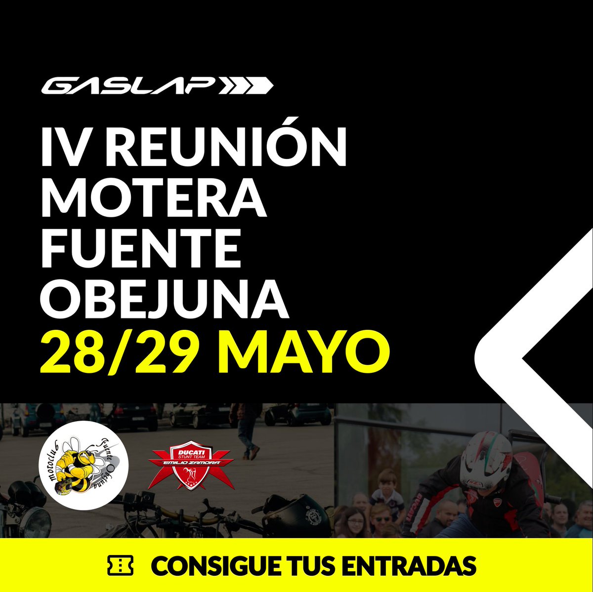 🏍 IV REUNIÓN MOTERA FUENTE OBEJUNA 🏍 

🗓 28 y 29 de mayo
📍Fuente Obejuna (explanada de fútbol)

✅ Conciertos
✅ Sorteos
✅ Premios
✅ Exhibición Stunt Emilio Zamora <a href="/Emilio_Zamora/">Emilio Zamora</a>

👕 Camisetas para las primeras 200 inscripciones
 gaslap.com/eventos-motors…

#fuenteobejuna