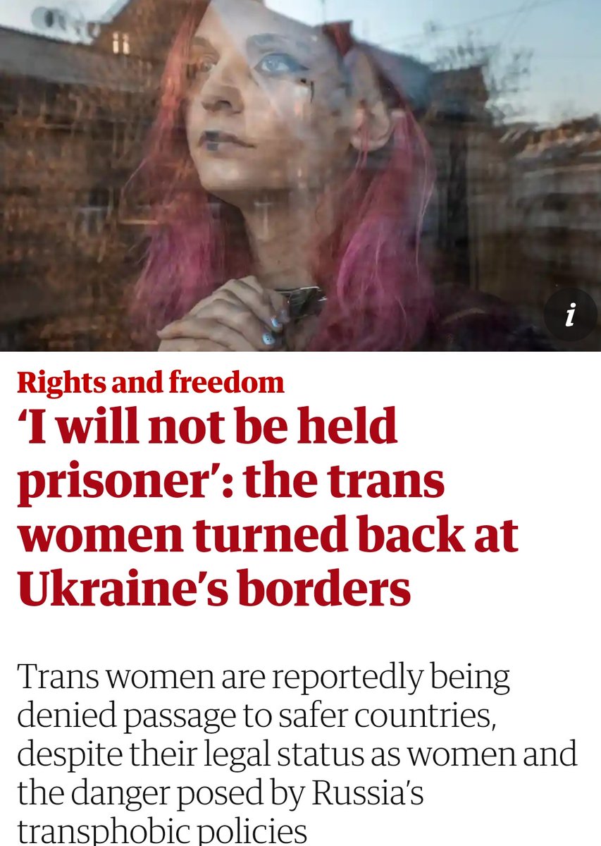 Transpłciowe kobiety są zawracane z polsko-ukraińskiej granicy. Od 2017 Ukraina uznaje osoby transpłciowe i ich rzeczywistą tożsamość płciową. Od miesiąca mężczyźni w wieku 18-60 mają zakaz wyjazdu z UKR. Prawo z 2017 jest ignorowane. Bardzo brzydka sprawa.
<a href="/guardian/">The Guardian</a>