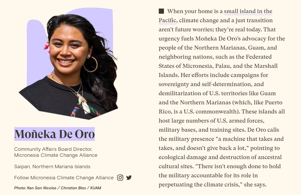 Congratulations to Moñeka De Oro of @mccaguam for being among the 2022 #Grist50 fixers! Moñeka works with GGJ member organization MCCA and her community to combat fossil fuels and militarization, fight for sovereignty and self-determination, and build a regenerative future.