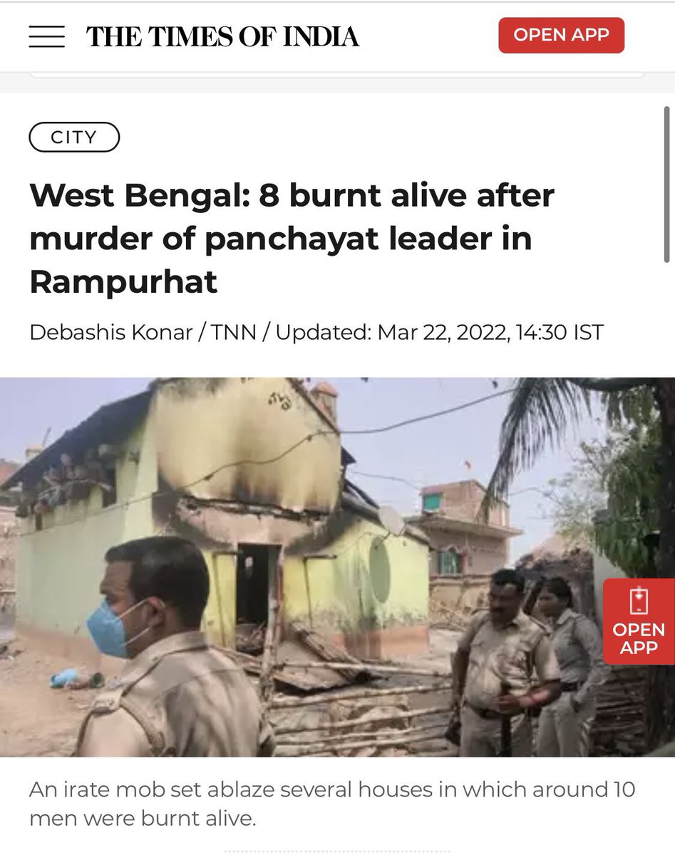 prangshudeb's tweet photo. Shocked by the death of 10 innocents in violence at Rampurhat, #Birbhum which proves the incompetency of @MamataOfficial's Govt
This incident reminds me the #BijonSetuMassacre, when 16 monks & a nun of #AnandaMarga were lynched to death & burnt alive in broad daylight in Kolkata https://t.co/r3vaMTSMe3