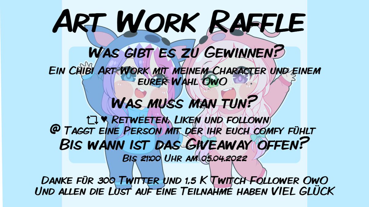 everylunaever's tweet photo. Als kleinen Dank für 300 Follower &amp; 1,5k gibt es ein kleines Giveaway 💖
❓Was?
EIN seiso Chibi Artwork mit meinem Charakter &amp; einem eurer Wahl.
❗️Wie?
💖Retweet (no qrts) + Like + Follow 
💖Taggt eine Person mit der ihr euch comfy fühlt
Ende 21 Uhr 05.04.22  
#artraffle https://t.co/ETb8smHvDo