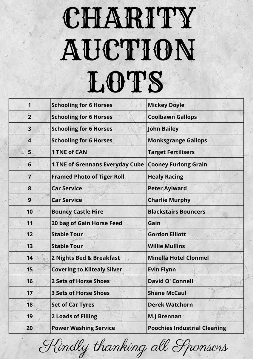 P2pWexford's tweet photo. The lots below are up for auction next Sunday night at Bowe’s Bar, Kiltealy. Thank you to all sponsors. This auction will hopefully raise much needed funds for the Punchastown Kindney Research Fund. @BrigidBowe @bononeill1 @Monksgrangep2p @WJHJT @RInsideTracktv @MinellaRacing https://t.co/7qgseFqQBV