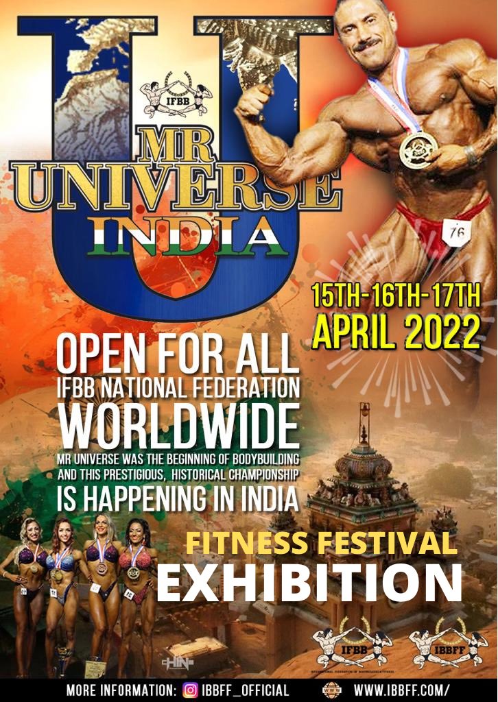 Ibbffofficial's tweet photo. #roadtomruniverse

IFBB MR UNIVERSE &amp; Fitness Festival EXHIBITION 2022 📍INDIA. 
The Largest Bodybuilding sport event in the world. 

OPEN FOR ALL IFBB NATIONAL FEDERATION WORLDWIDE.

IFBB ELITE PRO CARD SHOW

💥15th-16th-17th APRIL 2022
Venue :- BALEWADI, Pune (MH) INDIA https://t.co/Tx7yQDtNqu