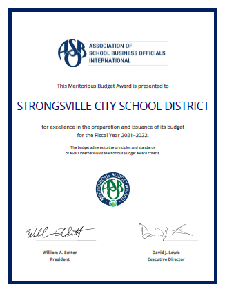 SCSTreasurer's tweet photo. For the 6th consecutive year, @strongsvillecs received the @ASBOIntl Meritorious Budget Award for the 2021-2022 fiscal year.  This recognition reflects the District's commitment to sound fiscal management and budgetary policies. #ASBOMBA #WeAreStrongsville https://t.co/x5qixThj3j