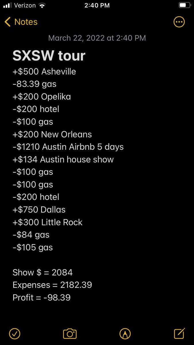 Just for transparencies sake &amp; cause I feel comfortable posting this: here is why it is so hard for bands to go to SX !! 

This is b4 paying 10% $ to the booking agent and not including food expenses 

Combination of staying in COVID safe places and gas prices is p devastating