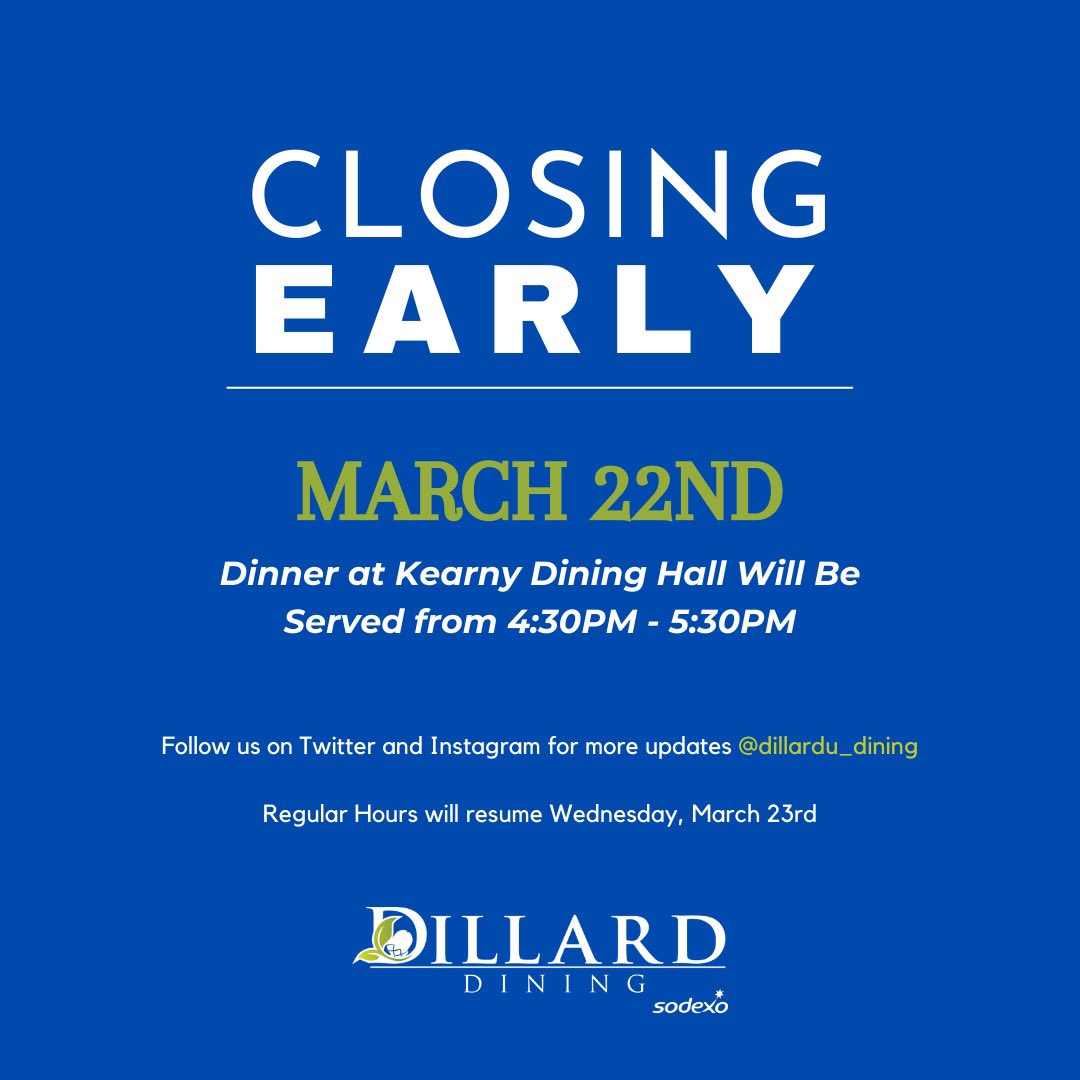 dillarddining's tweet photo. Due to severe weather warnings, Kearny Dining Hall will have temporary, shortened hours. Please visit the dining hall between 4:30-5:30pm.
Stay safe #DU! https://t.co/WPk4wBZMHl