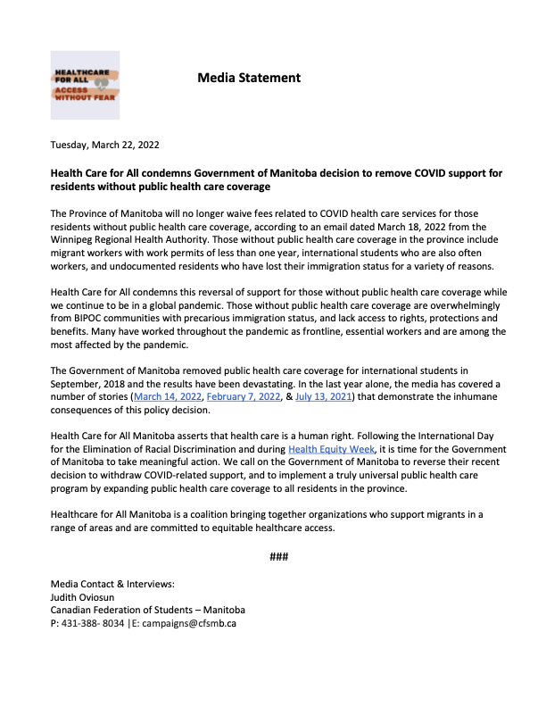 The Manitoba Health Coalition is a proud partner in Healthcare For All. Please see their media statement today on the decision by <a href="/mbgov/">Manitoba Government</a> to no longer waive fees related to #COVID19 health care services for residents not currently holding public health coverage.  #mbpoli