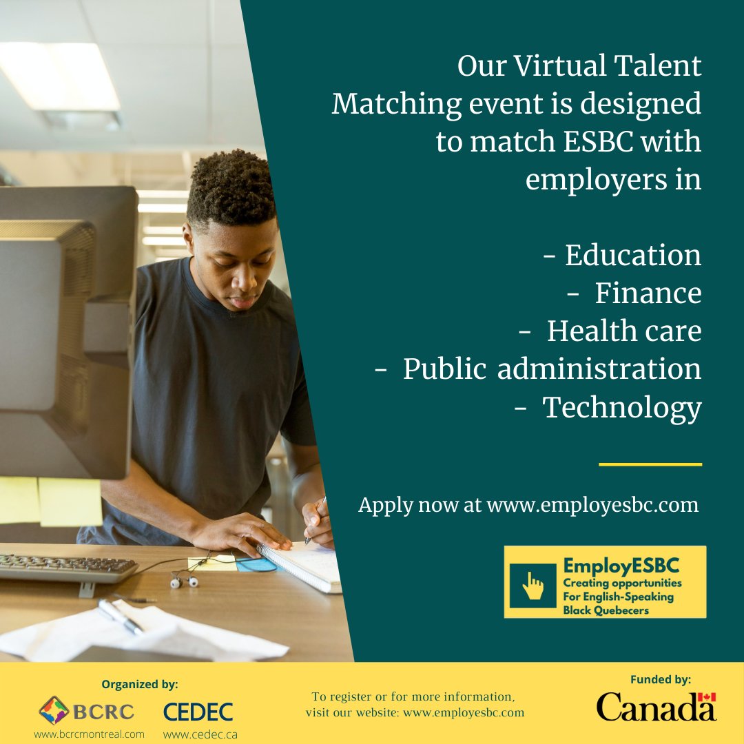The BCRC and CEDEC want to help foster opportunities for English-speaking Black Quebecers to fill forward-looking quality positions in specific fields. 
➡️Visit  employesbc.com to learn more!
#employESBC #Englishspeaking  #BlackCommunity