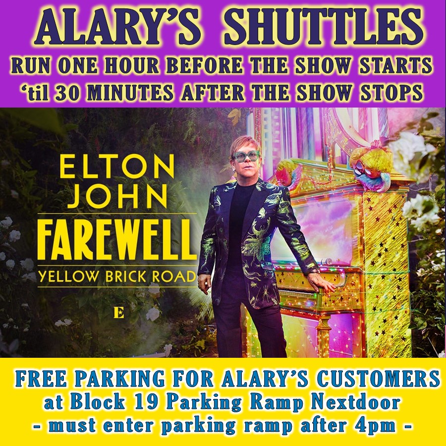 Sir Elton TONIGHT at the <a href="/XcelEnergyCtr/">Xcel Energy Center</a> !  #FREE parking and shuttles for #AlarysBar customers! #SirElton #EltonJohn