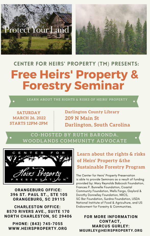 Our Free Heirs' Property &amp; Sustainable Forestry Seminar is THIS Sat. March 26th at Noon at the Darlington County Library, 209 N. Main St. in Darlington, SC!  Learn about the risks &amp; rights of heirs' property and how the land can work for you and your family!
#heirsproperty #SFLR