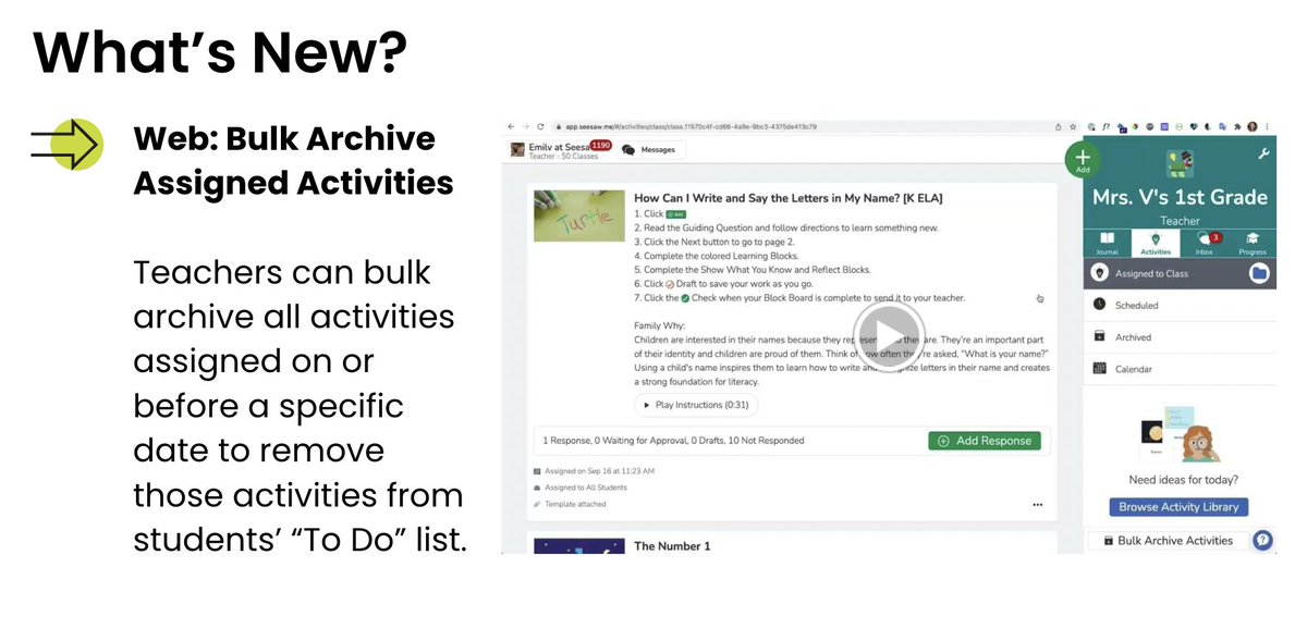 Exciting Seesaw Update: Bulk Archive is Here! 🎉 

Teachers can now bulk archive all activities assigned on or before a specific date to remove those activities from students’ “To Do” list.

➡️ Learn more: bit.ly/3JwwgW7