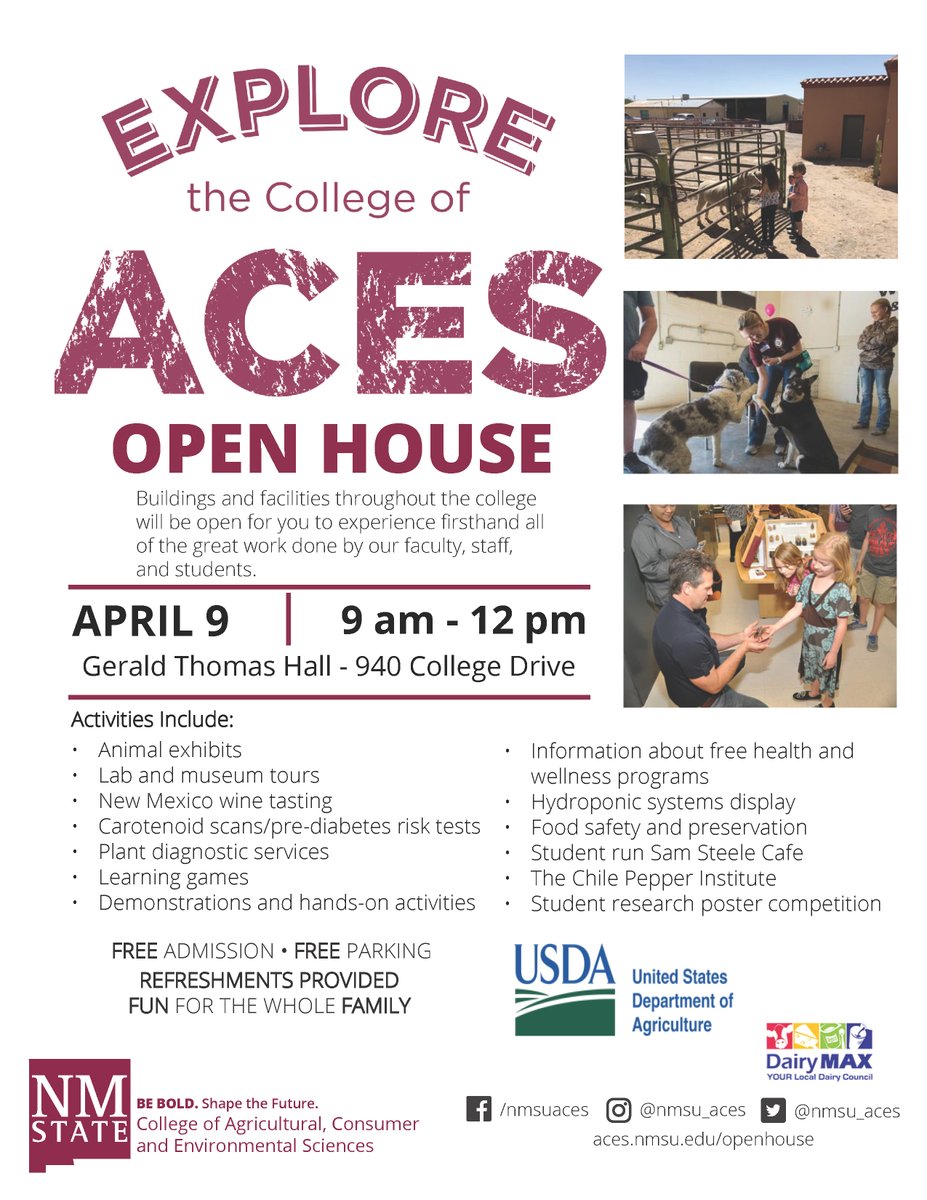 The College of Agricultural, Consumer and Environmental Sciences is having an open house on April 9, 9:00am-12:00pm at the Gerald Thomas Hall.

Open to the public, with lots of activities. Free admission, free parking and refreshments provided.

aces.nmsu.edu/about/open-hou…