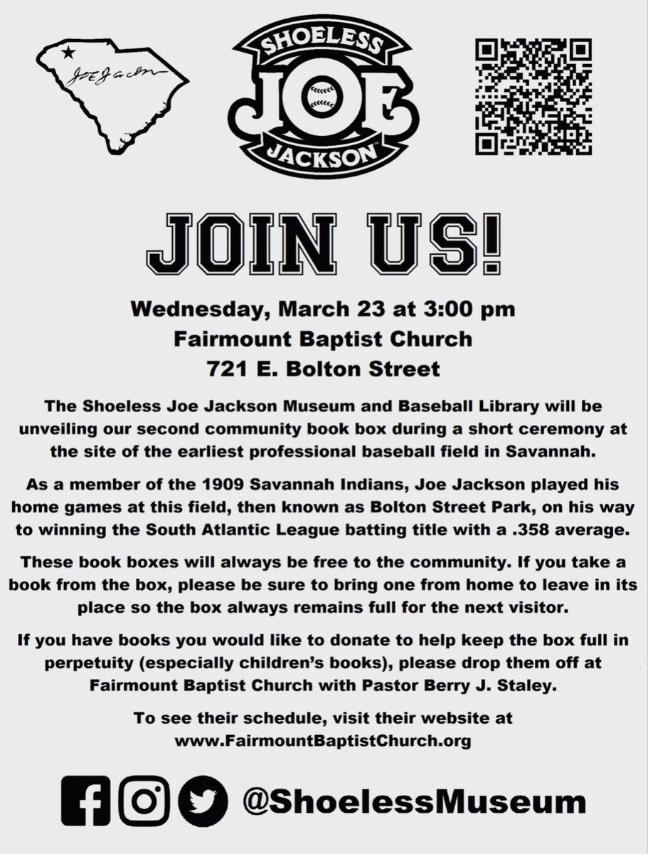 shoelessmuseum's tweet photo. If you're in or near Savannah, Georgia, come help us celebrate the unveiling of our latest book box tomorrow (March 23) at 3:00 pm at 721 E. Bolton Street, the former site of the field where Joe Jackson played as a member of the 1909 Savannah Indians. https://t.co/61LR2sJtFB
