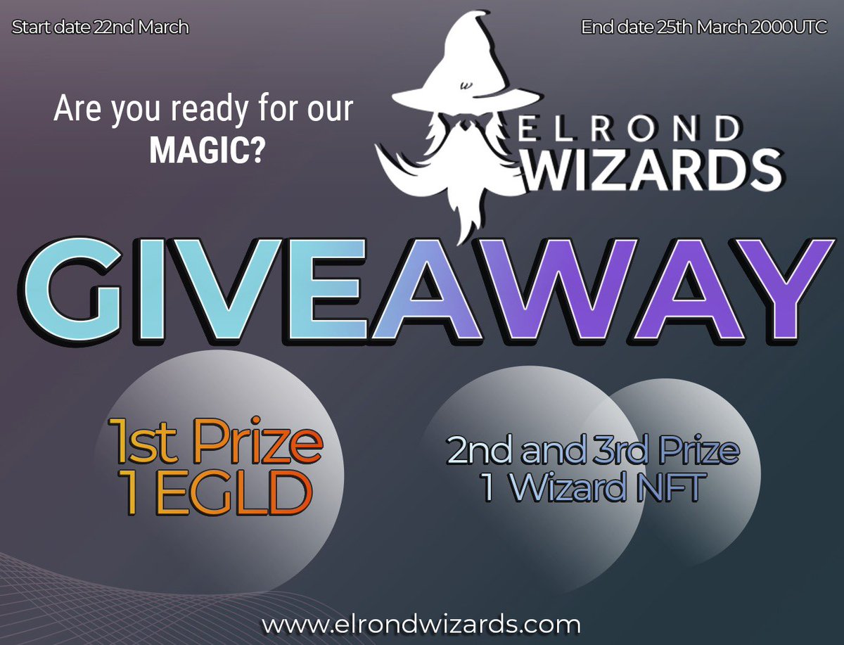 ElrondWizards's tweet photo. 🎁#GiveAway🎁
People of Elrond!🧙🏼‍♂️

We prepared a new Giveaway to celebrate our new website!🧙🏼‍♂️

You need to:
✅ Follow @ElrondWizards
✅ Like &amp; RT
✅ Tag 3 friends in comments
✅(optional) Check our new website and cinematic👇🏻👇🏻

https://t.co/7QDK04C5Gt https://t.co/fO58TRUU8w