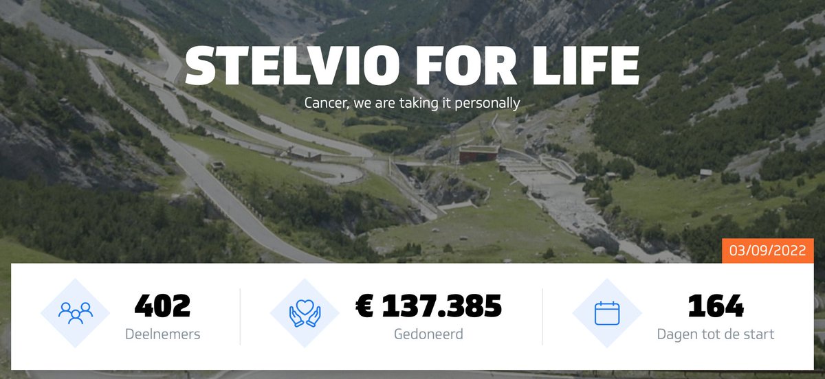 We're back! Op 3 September 2022 gaan we weer de Passo Dello Stelvio op! Vandaag hebben we de 400 deelnemers bereikt. Er is nog ruimte voor 253 mensen, dan zitten we vol. Doe je mee? 
Meer weten over deelnemen, of wil je je direct inschrijven? Check stelvioforlife.nl