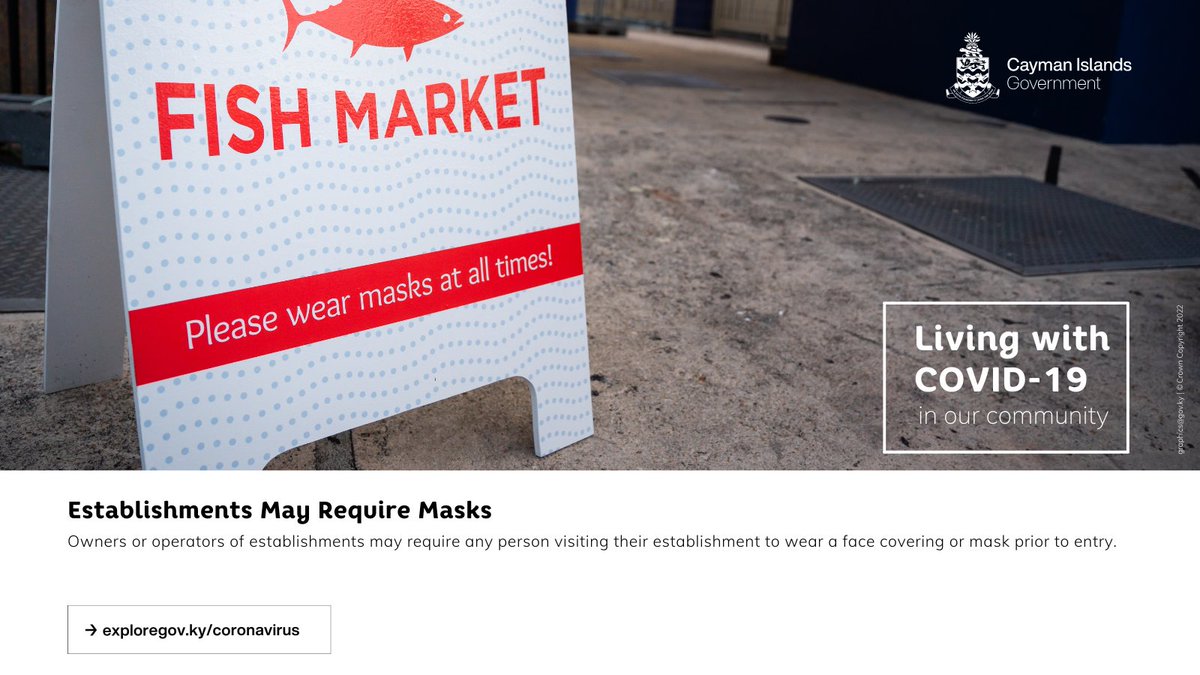Owners or operators of establishments may require any person visiting their establishment to wear a face covering or mask prior to entry. 

Find out more about the current set of rules and regulations in the Caymans Islands: ow.ly/kcyN50IpiPR