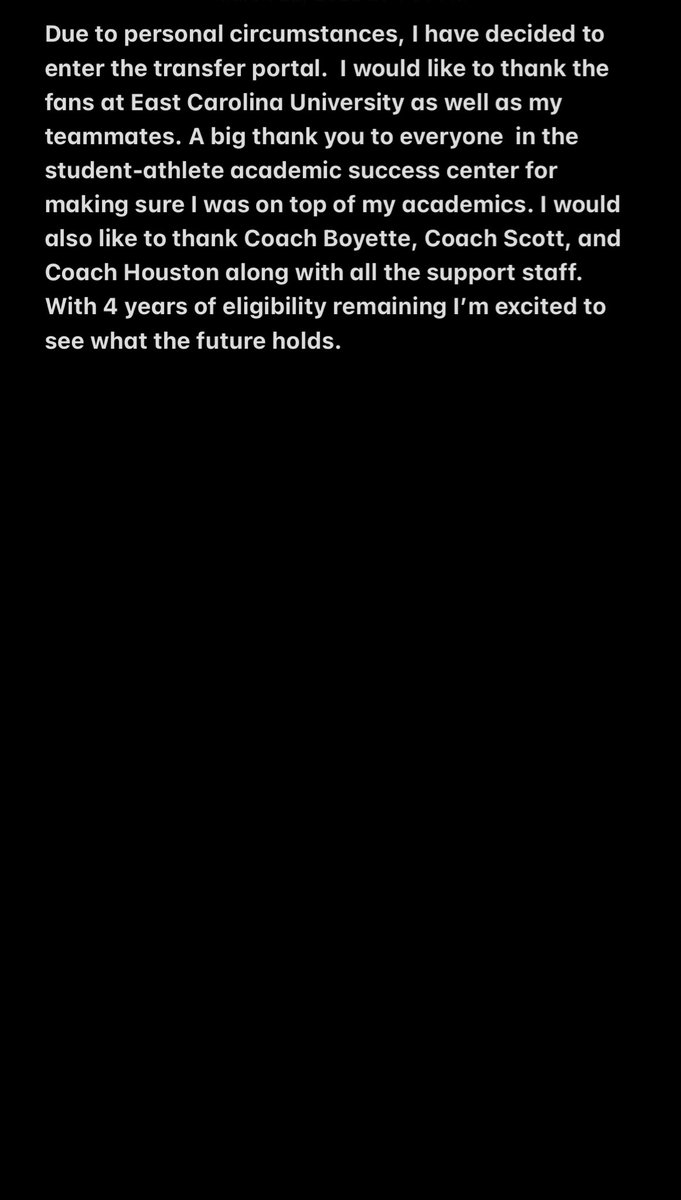 I will be entering the transfer portal with 4 years of eligibility left. Thank You <a href="/ECUPiratesFB/">ECU Football</a> and Pirate Nation!💜💛