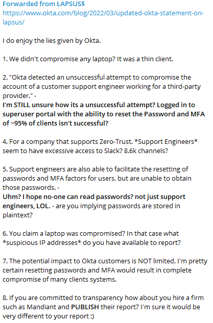 S0ufi4n3's tweet image. #Okta statement on #Lapsus, and, well... Lapsus statement on Okta. 😂😂