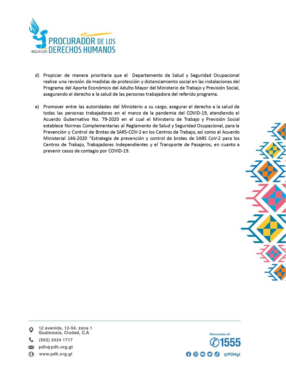 PDHgt's tweet photo. #HallazgosPDH #ConclusionesPDH y #RecomendacionesPDH de verificación de las medidas de protección a las personas trabajadoras ante la pandemia del #COVID19 en el Programa del Aporte Económico del Adulto Mayor del @MINTRABAJOGuate 
https://t.co/lWSUoQgmy8 https://t.co/N3wiz0yvNP