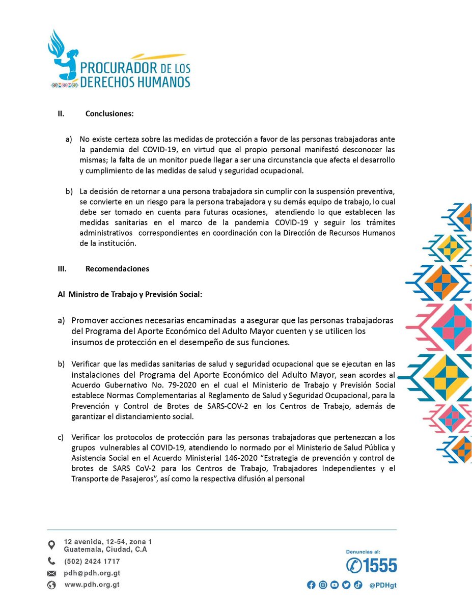 PDHgt's tweet photo. #HallazgosPDH #ConclusionesPDH y #RecomendacionesPDH de verificación de las medidas de protección a las personas trabajadoras ante la pandemia del #COVID19 en el Programa del Aporte Económico del Adulto Mayor del @MINTRABAJOGuate 
https://t.co/lWSUoQgmy8 https://t.co/N3wiz0yvNP