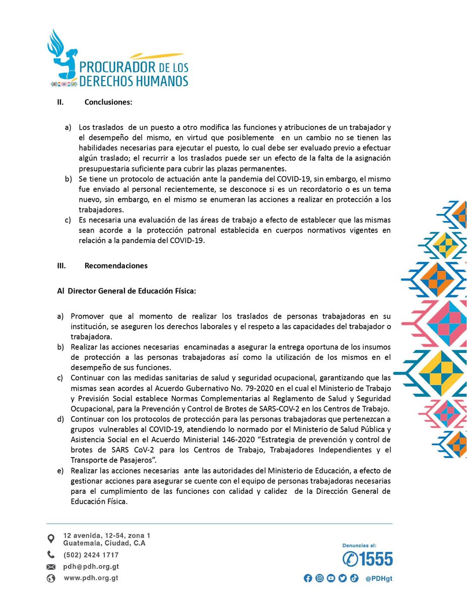 PDHgt's tweet photo. #HallazgosPDH #ConclusionesPDH y #RecomendacionesPDH de verificación del proceso de  traslados y medidas de protección de personas trabajadoras ante la pandemia del #COVID19 por parte  de la Dirección General de Educación Física
https://t.co/IpNOroojGd https://t.co/LLgjo5rCDy