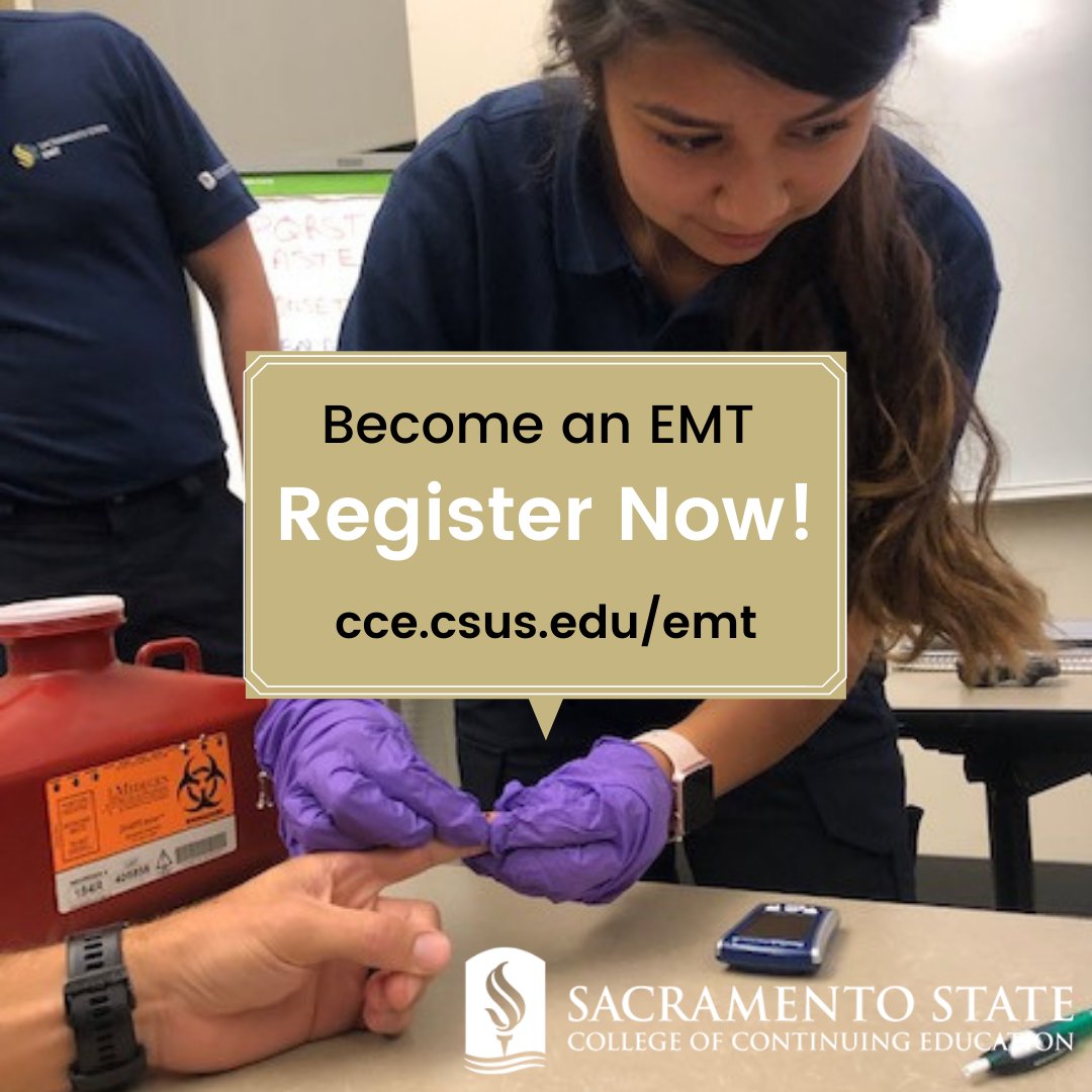sacstatePHE's tweet photo. Join us this summer! Registration is open for the #SacState Summer EMT courses starting June 13. Hybrid and in-person options are available. Learn more about the program requirements on the EMT web page:  https://t.co/yaU6A5ts4j https://t.co/Jlp84AXiL0
