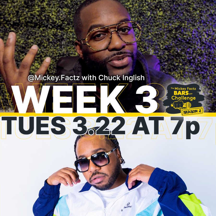 getbarsapp's tweet photo. Episode 3 of the @MickeyFactz x #BARSapp challenge is happening TONIGHT! 7pm EST / 4pm PST, on Mickey’s IG Live with special guest @Chuckisdope!
A brand new batch of MCs.
Who will win the night?
Who will go to a fan vote?
Tune in and find out! https://t.co/69AiDAiMBB