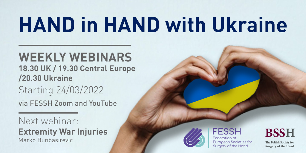 BSSHand's tweet photo. In association with @FESSHEurope, we are delighted to support a series of weekly webinars to assist our #HandSurgery colleagues in Ukraine during the present humanitarian crisis 🇺🇦🤝

Starting this Thursday at 18:30 (GMT) / 19:30 (CET) / 20:30h (Ukraine)⬇️
https://t.co/aU4VttVd3G https://t.co/GikQ1QoFr4
