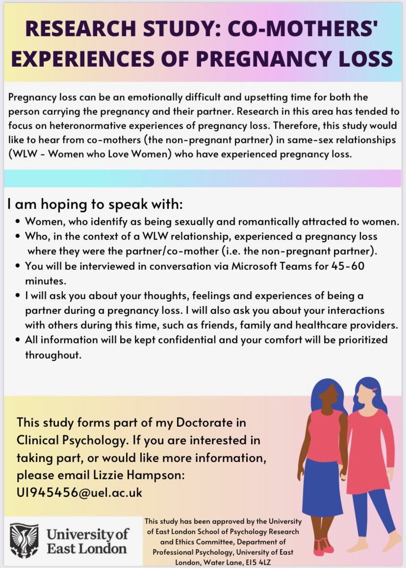 BenSTravis's tweet image. My partner @LizzieTraineeCP is looking to speak to women in same-sex relationships who have experienced pregnancy loss, for her Doctoral research.

If you know anyone willing to share their experiences, she will treat them with time, care and respect. RTs greatly appreciated