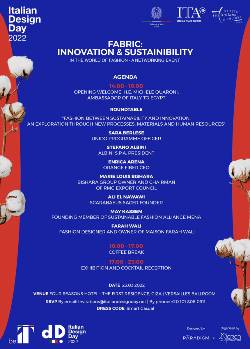 Domani dalle 14 alle 23, la nostra Enrica Arena sarà al Cairo per partecipare a "Fabric: Innovation &amp; Sustainability in the world of Fashion", l'evento organizzato da <a href="/ItalyinEgypt/">Italy in Egypt</a>, <a href="/ITAtradeagency/">Italian Trade Agency</a> e <a href="/iiccairofficial/">IIC Cairo</a> per celebrare l'Italian Design Day 2022 
#IDD2022