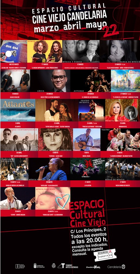 AytoCandelaria's tweet photo. 🎭🎶 Candelaria sigue apostando por la cultura.Conoce la programación del Espacio Cultural Cine Viejo de los meses de marzo, abril y mayo.
¡Te esperamos!

#CandelariaViva #CandelariaEsCultura https://t.co/APSZUhC7iO