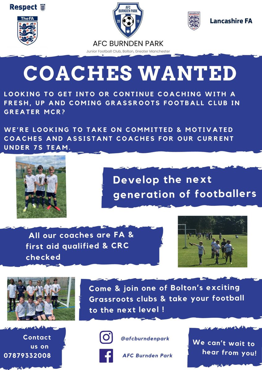 ** Dedicated Coaches Needed**
Each year we grow and grow so we are now looking for more coaches to take the next generation of children on their journey ⚽️
Please contact the number on the advert 👇🏻<a href="/SportinBolton/">Sport in Bolton - Let’s Keep Bolton Moving</a> <a href="/BoltonFM/">Bolton FM</a> <a href="/ArenaFootball_/">Bolton Arena Football</a>