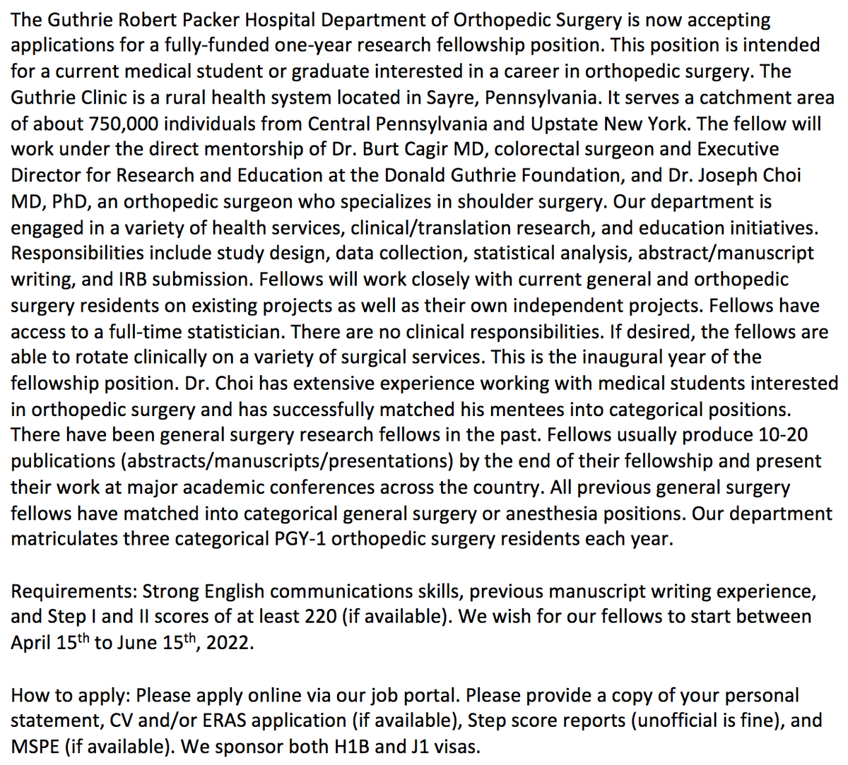 niteeshsun's tweet photo. interested in ortho research should also use this link. See the attachment for the orthopedic research fellowship job description. Please apply on via the link as it will go to the appropriate department. #unmatched2022 #unmatchedMD @UnmatchedMD https://t.co/oMhsGDK2Ez