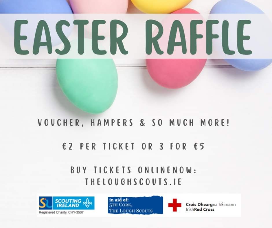 Our annual Easter Raffle takes place on Sunday 10th April at 2pm in aid of <a href="/irishredcross/">Irish Red Cross</a> Ukraine Appeal &amp; Lough Scouts. Loads of prizes €100 cash, hotel vouchers &amp; more! This year we have online tickets so you can buy your tickets now: theloughscouts.ie/easter-draw