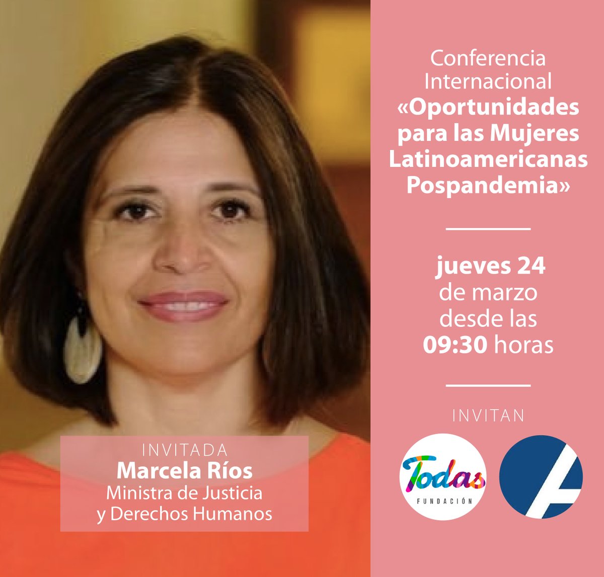 fundacion_todas's tweet photo. Jueves 24 / 09:30 hrs: @fundacion_todas y @Kas_Chile te invitan a la Conferencia Internacional “Oportunidades para las mujeres latinoamericanas pospandemia”, que contará con la destacada participación de la Ministra de Justicia @mriost.
INSCRÍBETE AQUÍ 👉https://t.co/4gD1i1NHIi https://t.co/myCezYRfZV