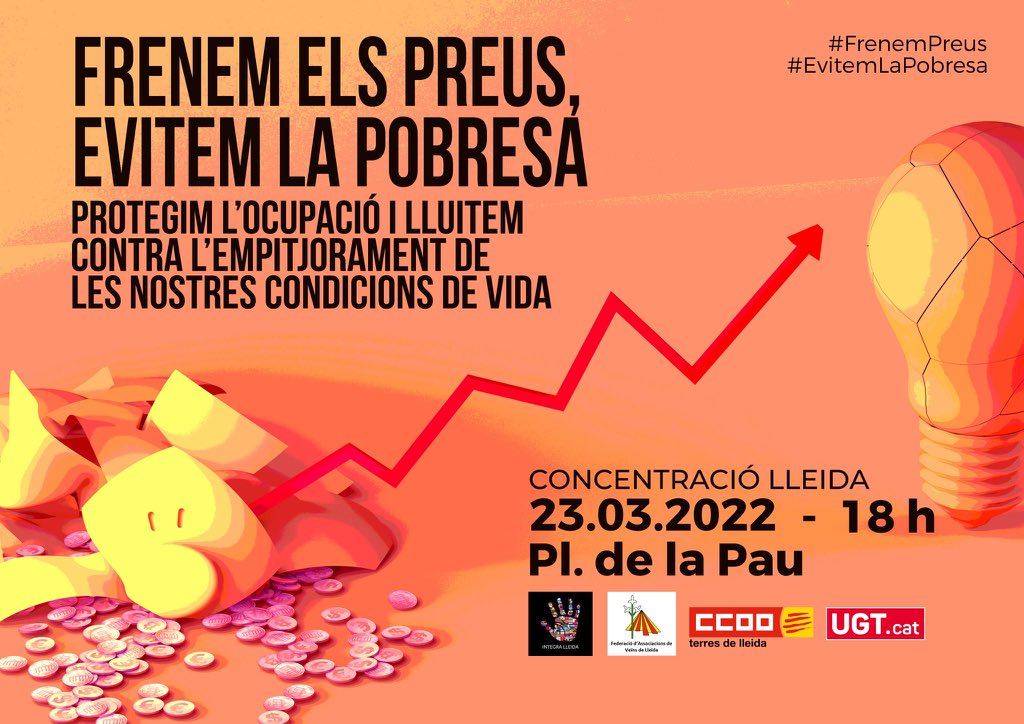 ComunsComLleida's tweet photo. Aquest dijous sortim a denunciar que les pujades dels preus de l’energia sempre ens toca pagar-les els de sempre. Vine a dir prou!
#FrenemPreus #EvitemLaPobresa 
📆 23 de març
🕕 18 h
📌 Plaça de la Pau, #Lleida https://t.co/dKfeQjOUnx