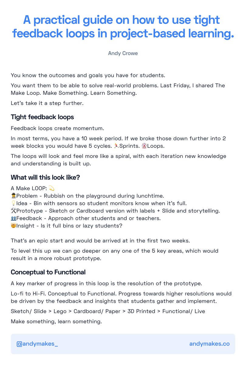 School inquiry projects can be a laboured and drawn-out exercise.

By relying on one output, there is the chance that some students don't meet the 'quality' threshold.

When you use tight feedback loops, students get a better sense of where they are and how to progress.