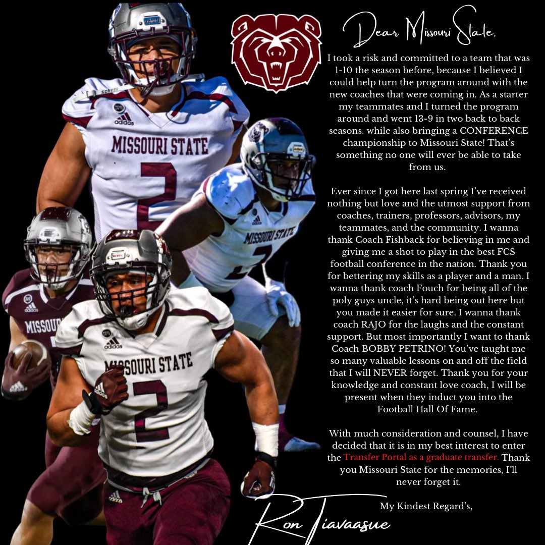 Forever grateful to Missouri State and my all my teammates. I’m entering the portal as a graduate transfer. My film link is in my bio and below. Excited for what’s next. youtu.be/POqOvKe3uas