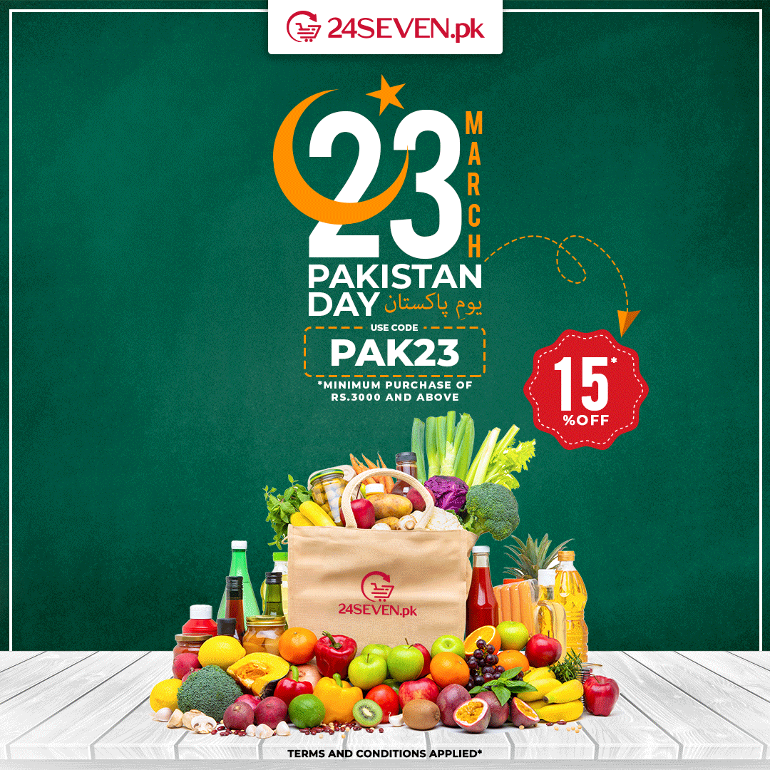 24SevenPak's tweet photo. Celebrate Pakistan Day with https://t.co/WVidZhFf0m!
Stock up your grocery at an amazing discount of 15%!

Use code: PAK23
Minimum purchase of Rs.3000+
Order Now https://t.co/K84mrp4WHJ or WhatsApp at 0309 0247247.

#24seven #pakistanday2022  #23march2022 #discount #grocery https://t.co/DqPPHZ4IHM