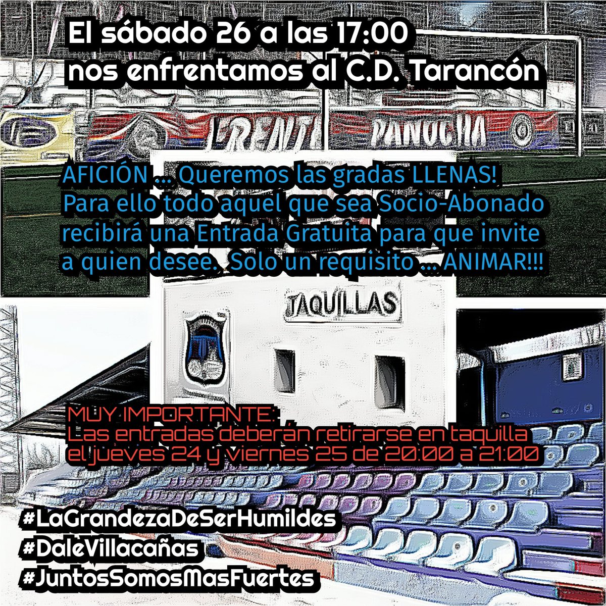 NOTICIA🗞️📰
El sábado nos jugamos gran parte de la temporada... Por ello llevamos a cabo una iniciativa para hacer que Las Pirámides sea un auténtico infierno.
Cada socio-abonado podrá retirar una entrada gratuita para invitar una acompañante.
Retirada J y V (20 a 21)