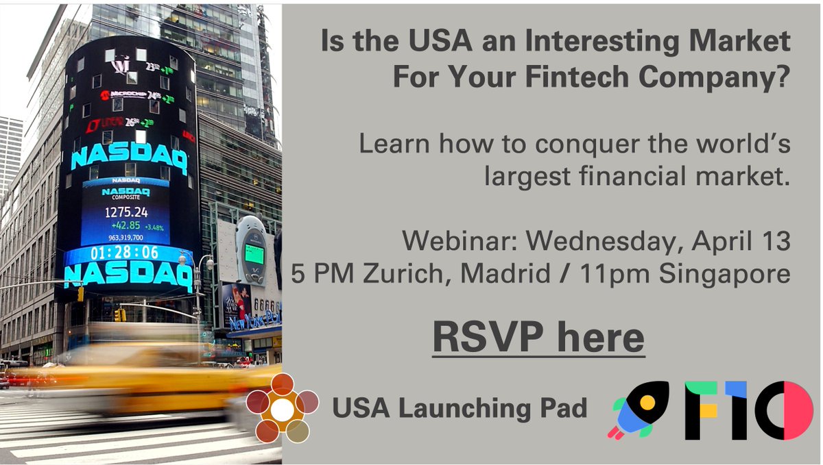 USALaunchingPad's tweet photo. Is the USA an important expansion market for your Fintech company?
Webinar on how to conquer the world's largest financial market on April 13 at 5 PM CET / 11 PM Singapore time. Sign up here: https://t.co/6aaHpkVvbD
With @F10_accelerator, the leading Fintech innovation ecosystem. https://t.co/ew5V7g49JV