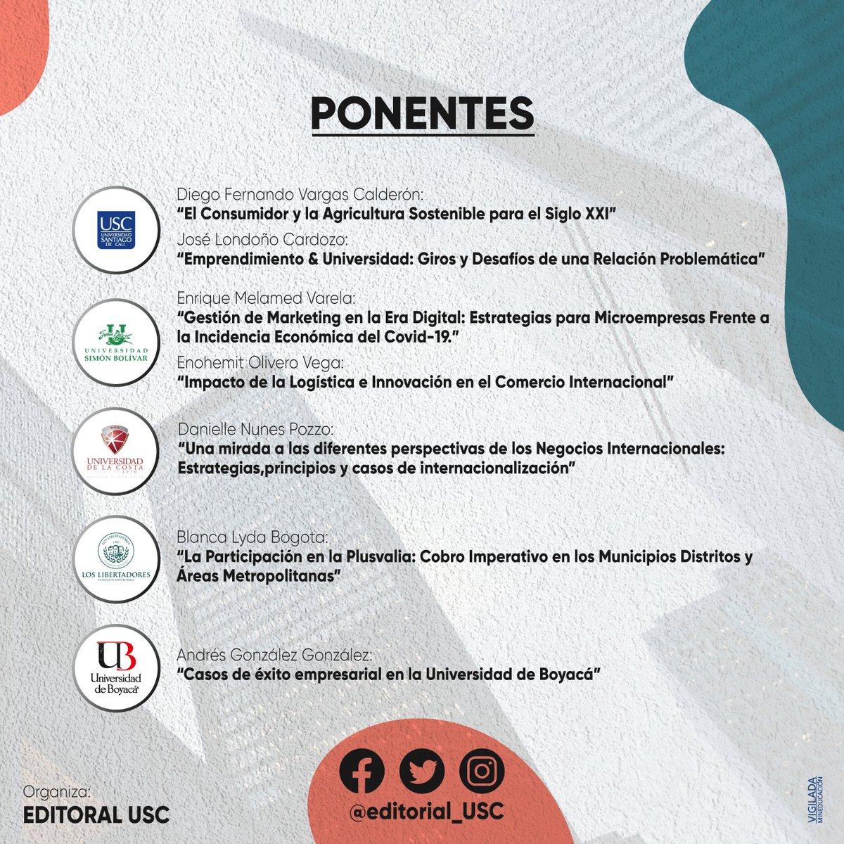 Editorial_USC's tweet photo. La editorial USC te invita a la mesa temática organizada para el lanzamiento de libros realizados por la facultad de ciencias económicas y empresariales de la Universidad Santiago Cali.
Conectate con nosotros a través del siguiente link ⬇️: 
https://t.co/o2BQnKbqZZ

#EditorialUSC https://t.co/QRaLmozo8s