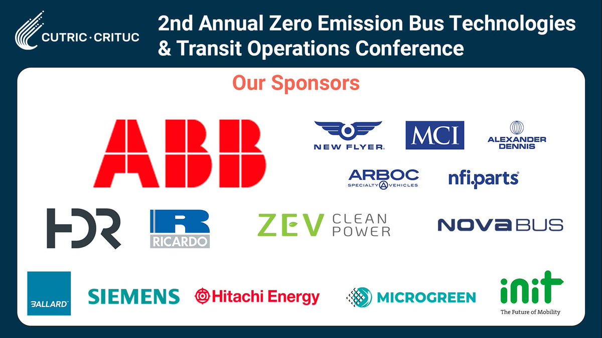 We would like to thank our sponsors for making our 2nd Annual ZEB Conference possible!

<a href="/ABBNorthAmerica/">ABB North America</a> <a href="/newflyer/">New Flyer</a> <a href="/MCIcoach/">MotorCoachIndustries</a> <a href="/BallardPwr/">Ballard Power</a> <a href="/ZEVCleanPower/">ZEV Clean Power</a> @Ricardo_Rail <a href="/HDRtranspo/">Transportation @ HDR</a> <a href="/novabus_/">Nova Bus</a>  <a href="/SiemensCanada/">Siemens Canada</a> <a href="/hitachienergy/">Hitachi Energy</a> <a href="/ADLbus/">Alexander Dennis</a> <a href="/MicrogreenSolar/">Microgreen Solar Corporation</a> @init_usa