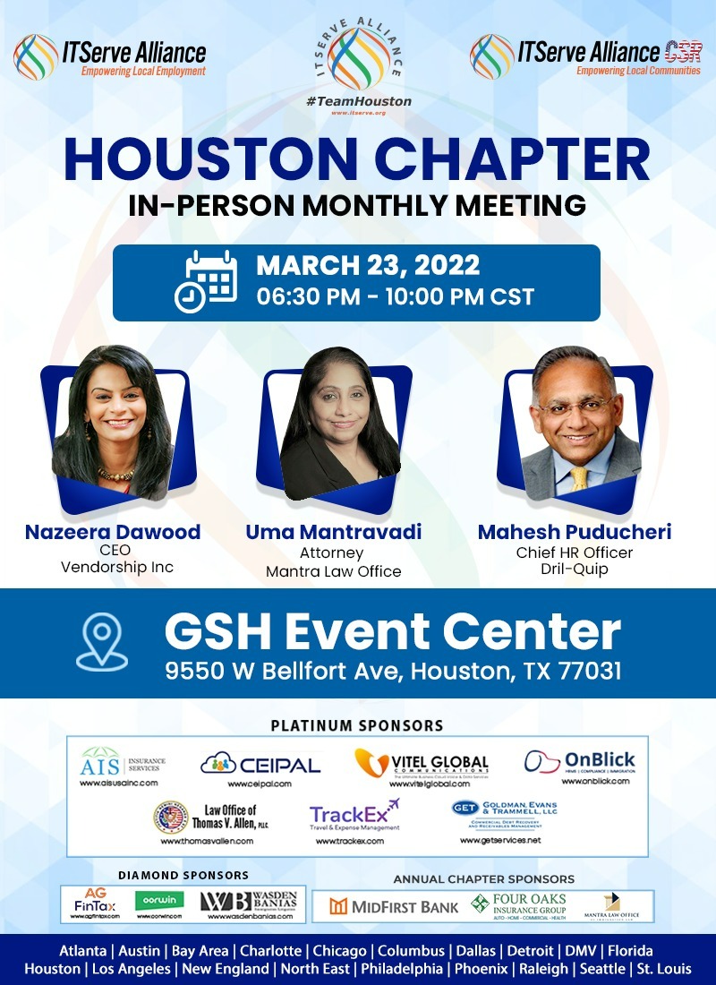 ITServeorg's tweet photo. Houston Chapter Monthly Meeting is scheduled for March 23, 2022

#ITServeAlliance #houston #networking #networkingevent #networkingbusiness #NetworkingTips #networkingmarketing #networking https://t.co/qdXMLDEOTA