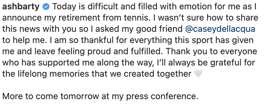 WTA_Comms's tweet photo. World No.1 Asheigh Barty has announced her retirement from tennis.

Full video with Casey Dellacqua on Instagram: https://t.co/4dvdLMIgOQ https://t.co/4A6bhh3pJT